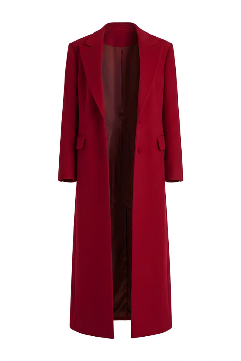 White Plan Scarlet tailored coat displayed on a hanger, featuring a classic design with a crisp collar and tailored fit.