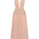 Gold jeweled embellishment A-line midi dress by CEM featuring intricate gold details and elegant flowing fabric.
