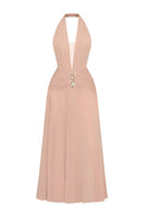 Gold jeweled embellishment A-line midi dress by CEM featuring intricate gold details and elegant flowing fabric.