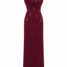 Hacchic Couture Ruby Drape Column Dress in wine red, elegant gown with draped fabric and fitted silhouette on model.
