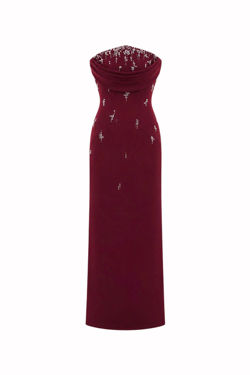 HACCHIC COUTURE Ruby Drape Column Maxi Dress in wine red, featuring elegant draped fabric and fitted silhouette.