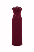 Hacchic Couture Ruby Drape Column Dress in wine red, elegant gown with draped fabric and fitted silhouette on model.