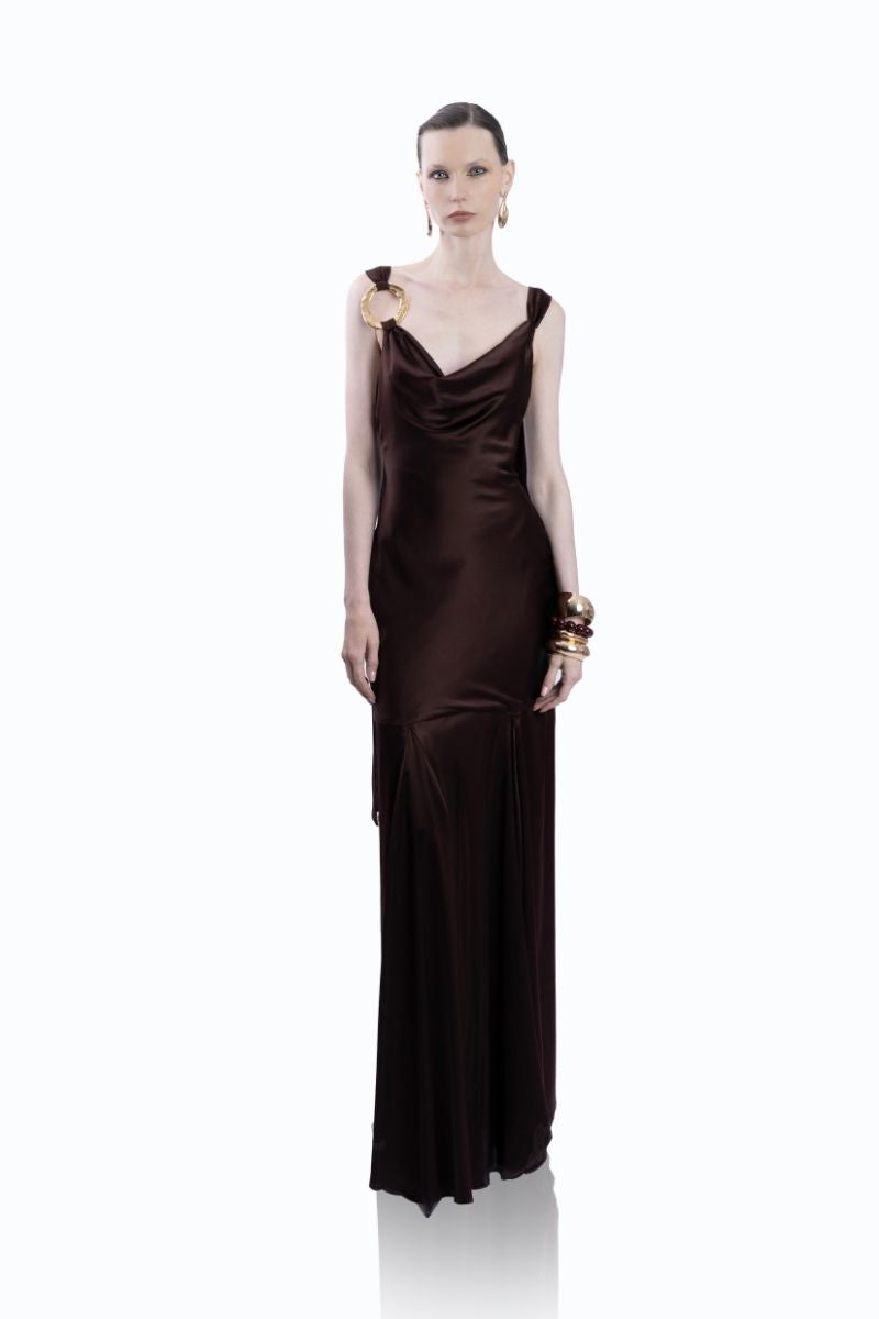 LEDIEL HABANA brown gown with flowing fabric and elegant design, perfect for formal occasions.