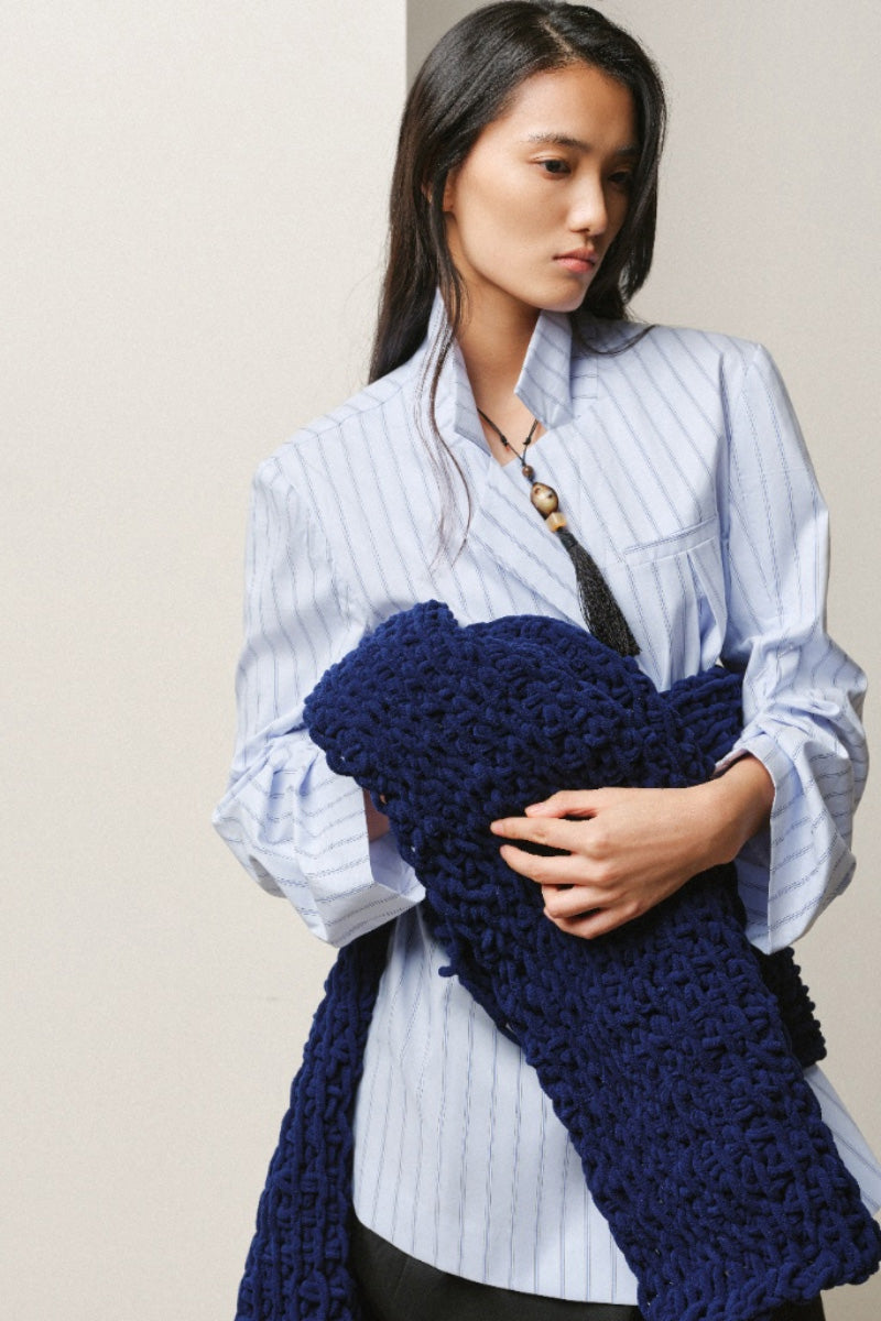 Lecia pinstripe gathered-cuff shirt featuring a classic design with gathered cuffs and a tailored fit, shown in the image.