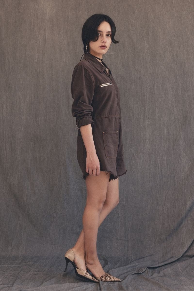 MADI BROWN DENIM ROMPER - CULT MIA