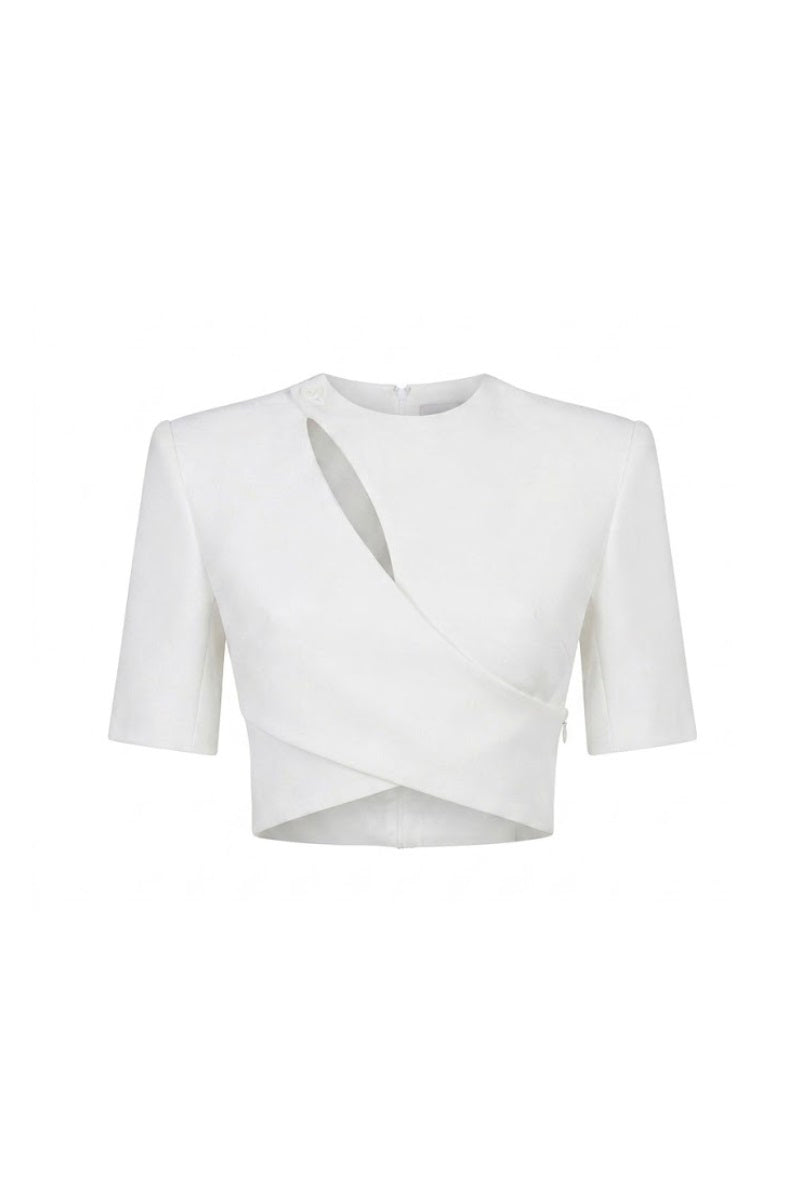 White diagonal wrap top by Keira Tong, featuring a stylish design with long sleeves and a flattering fit.