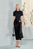 Black Orchid stylized silk midi dress with waist-dipped design by Do Long, featuring a sleek, elegant silhouette.