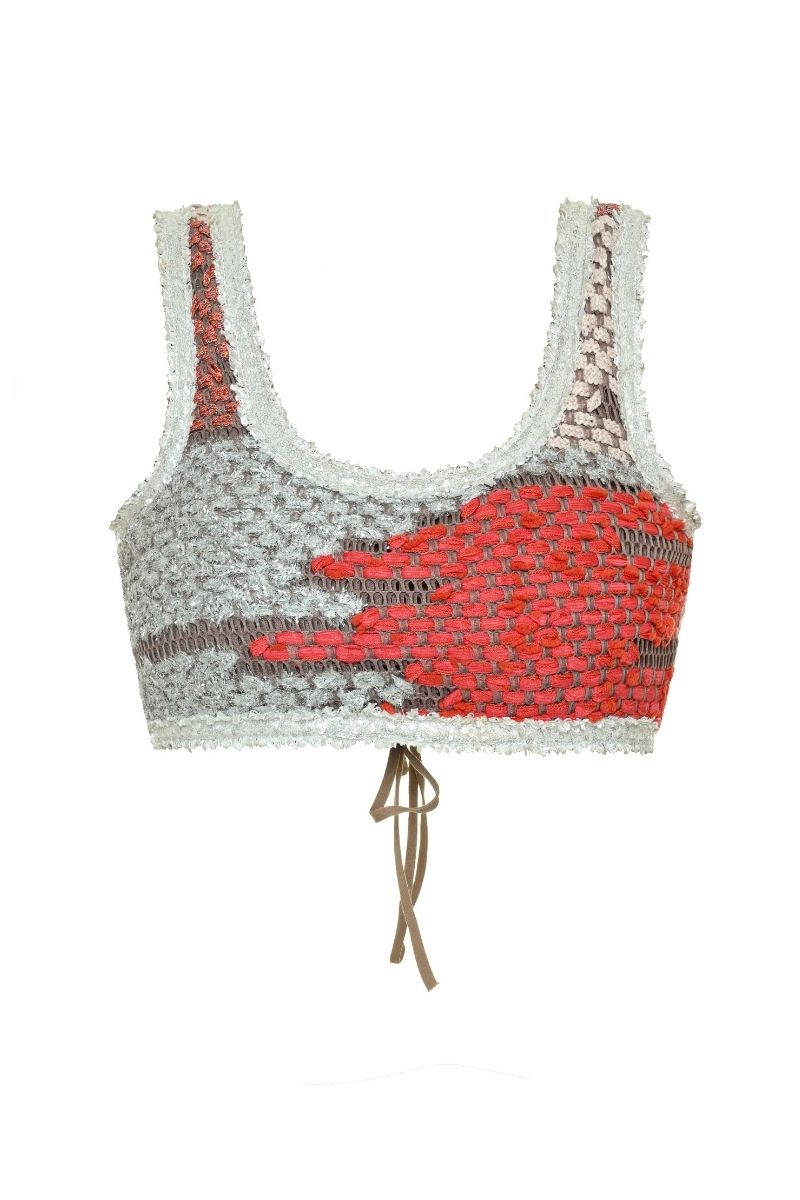 Lalo Avril crop top in red multi with floral pattern, lightweight fabric, and sleeveless design, perfect for casual summer wear.