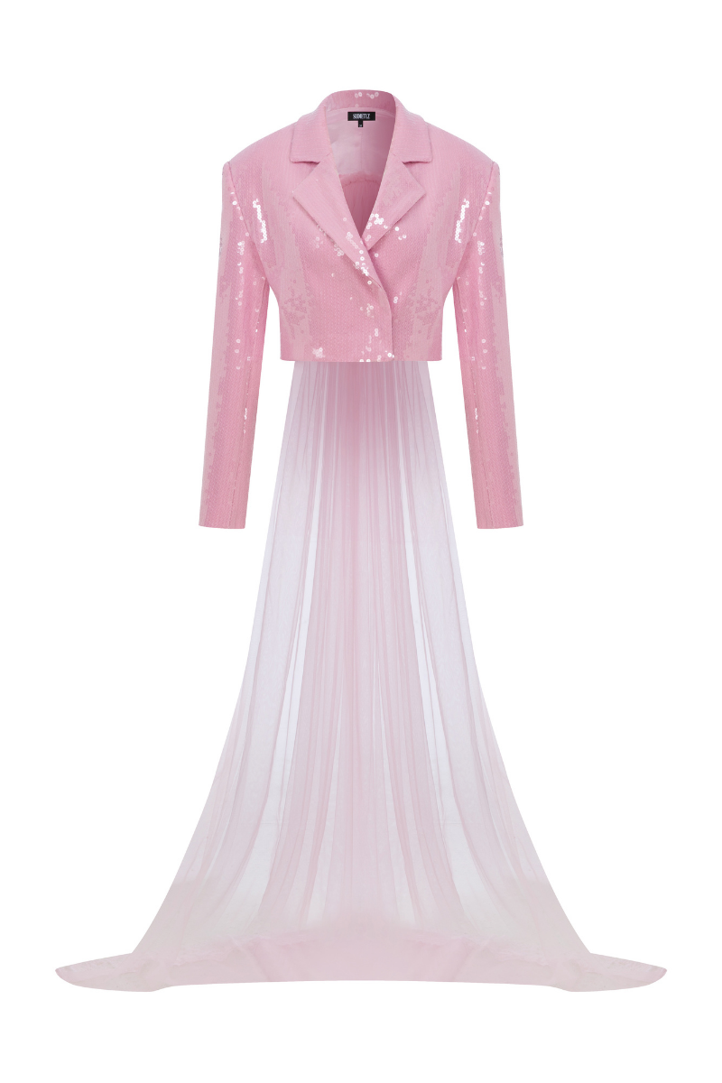 Sudi Etuz cropped sequinned blazer with back train, featuring shiny sequins and tailored fit, shown on a mannequin.