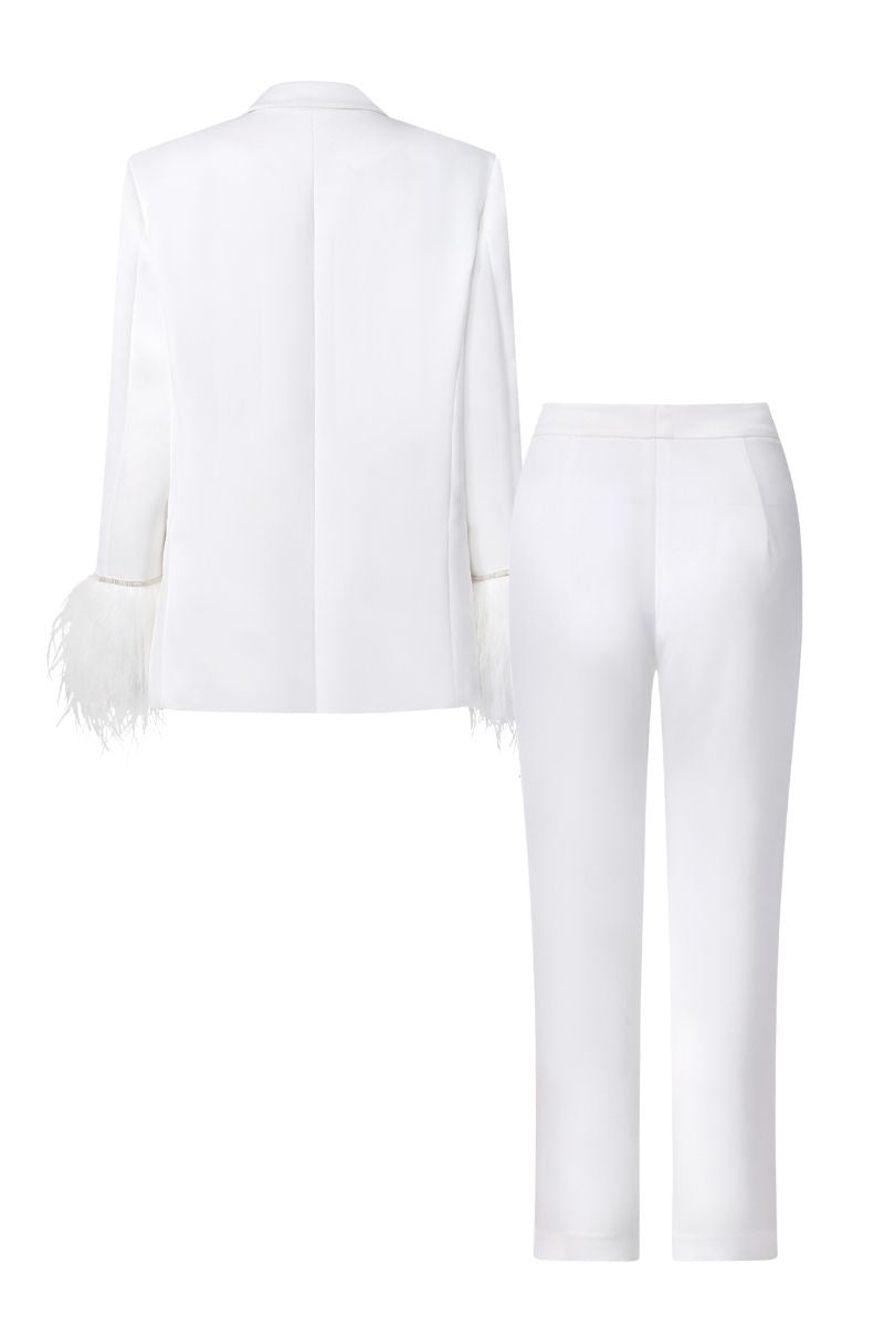 WHITE KELLY TAFFETA FEATHER SUIT JACKET AND PANTS SET - CULT MIA
