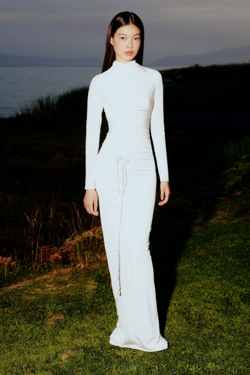 JERSEY MAXI DRESS WITH STONE ACCESSORIES IN WHITE - CULT MIA