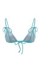 Bright turquoise Suncillo bikini top with sparkly fabric, featuring adjustable straps and a stylish, supportive design.