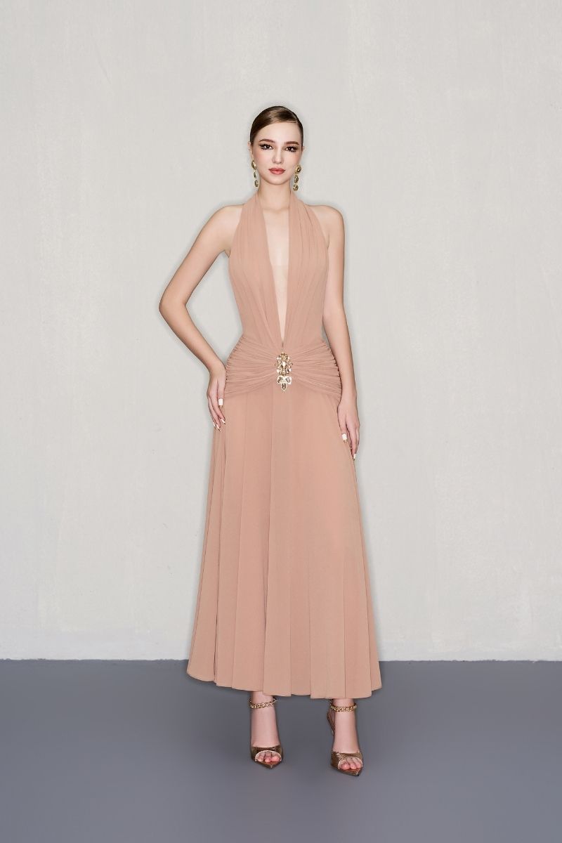 CEM gold jeweled embellishment A-line midi dress with intricate detailing and elegant design, perfect for formal occasions.