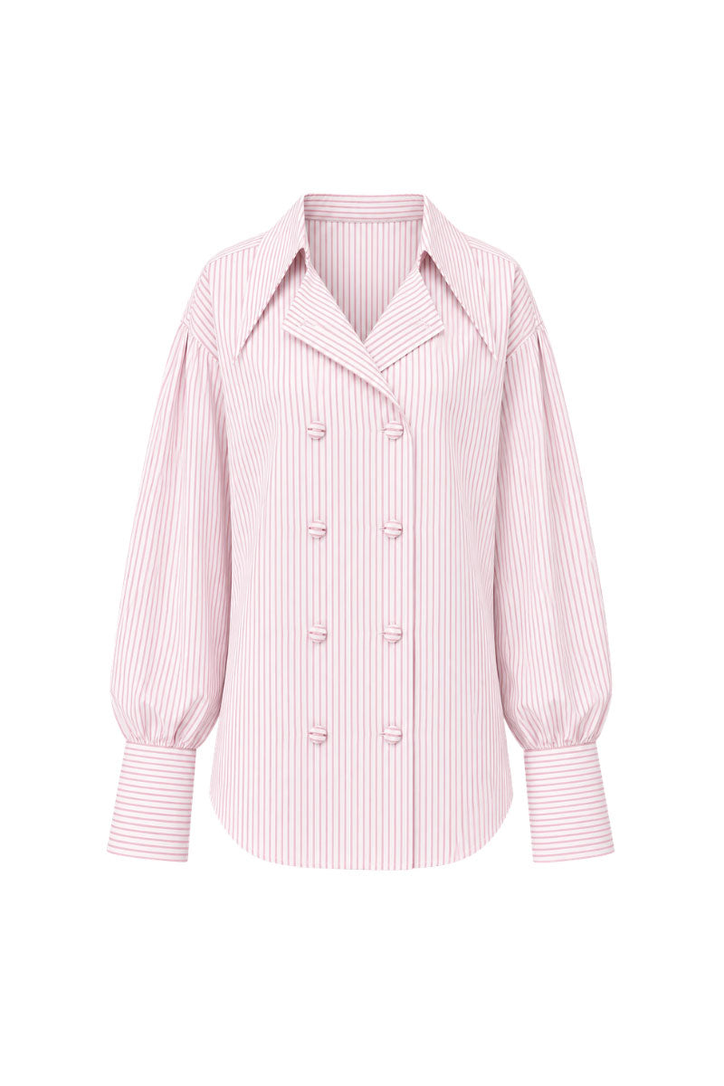 Pink tailored shirt by Keira Tong, featuring a classic fit with button-down front and collar, displayed on a white background.