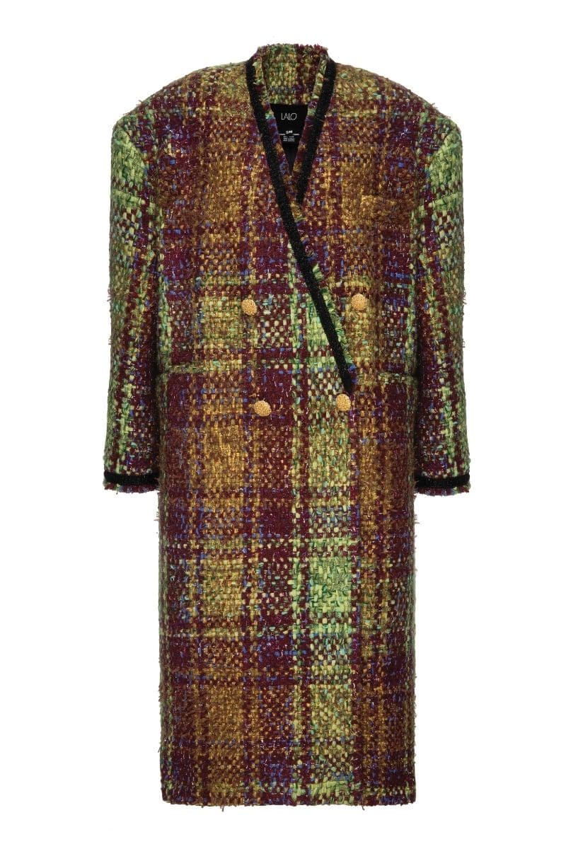 Lalo oversized brown tweed coat displayed on a hanger, showcasing its textured fabric and relaxed fit style.