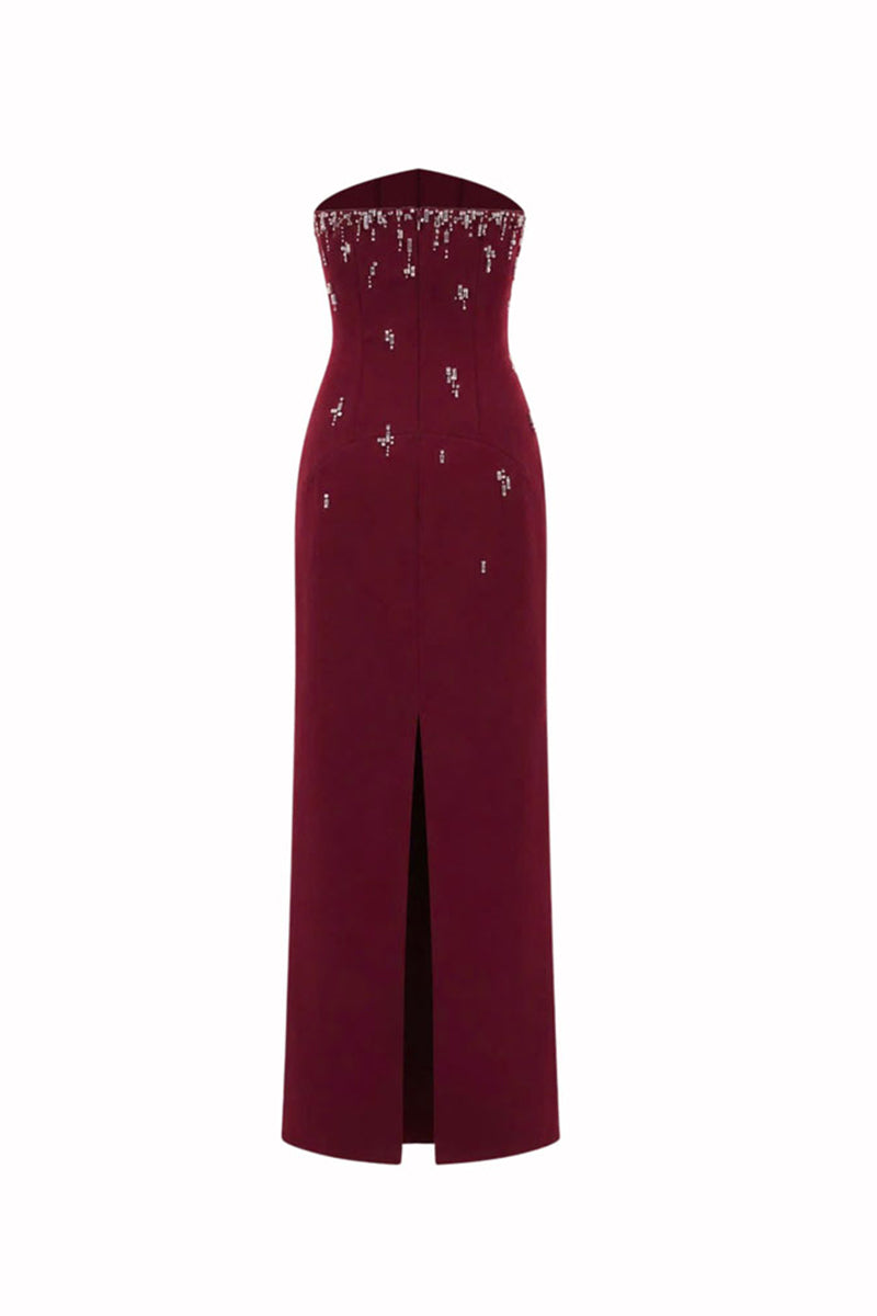 Hacchic Couture Ruby Drape Column Maxi Dress in wine red, elegant evening dress with flowing fabric and sophisticated silhouette.