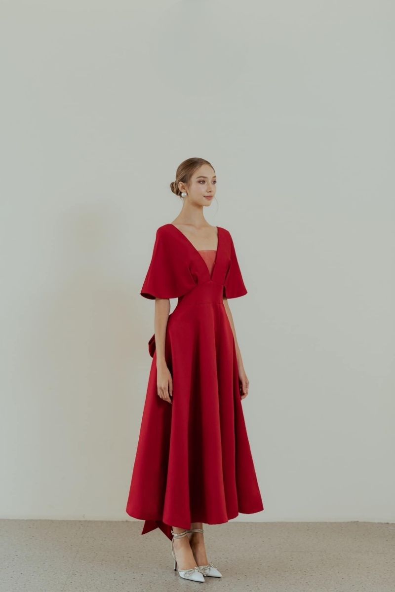 LIMA RED V-NECK PRINCESS MIDI DRESS - CULT MIA