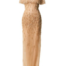 Phan Huy gold long gown with sheer mesh cape neckline, elegant evening dress with fitted silhouette and luxurious fabric.