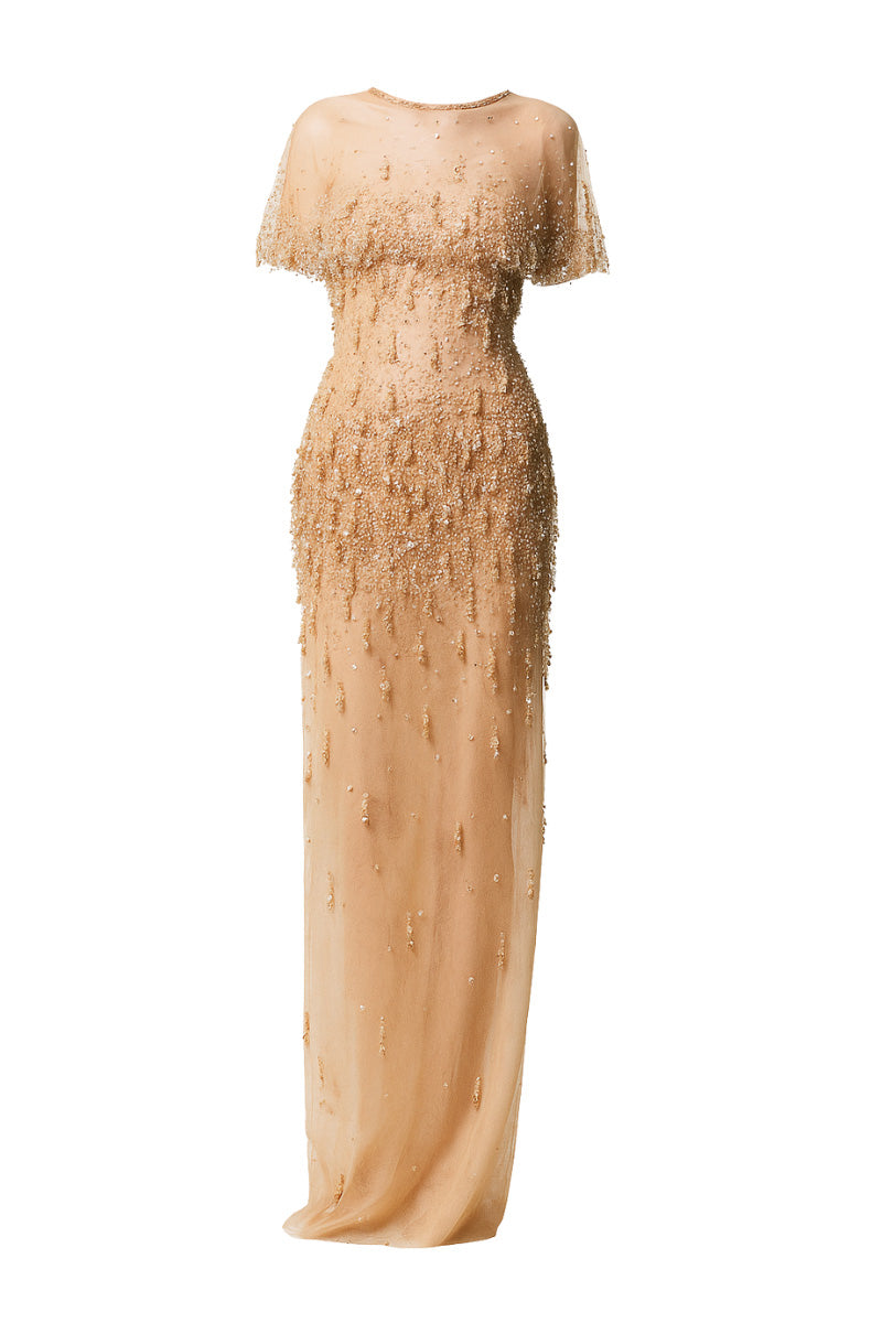 STRAIGHT LONG DRESS WITH SHEER MESH CAPE NECKLINE IN GOLD