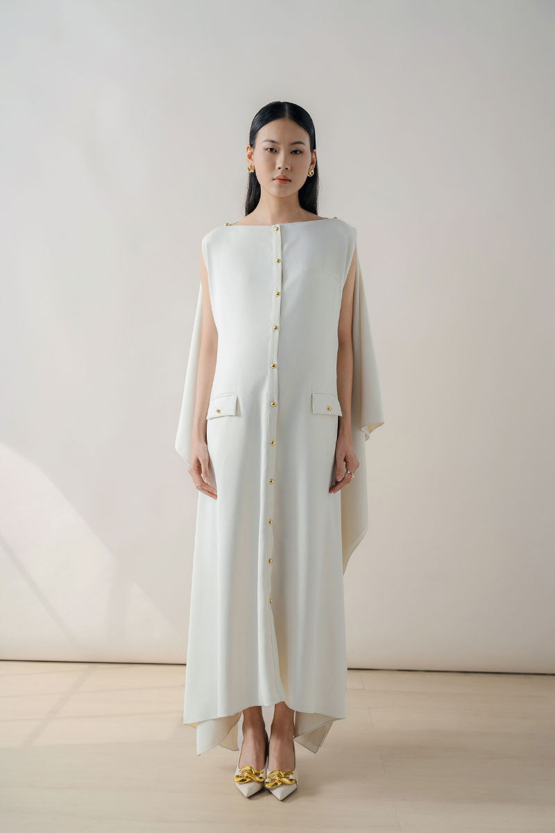 Off-shoulder white maxi dress by DOC BAN, flowing fabric with a relaxed fit, perfect for summer or casual occasions.