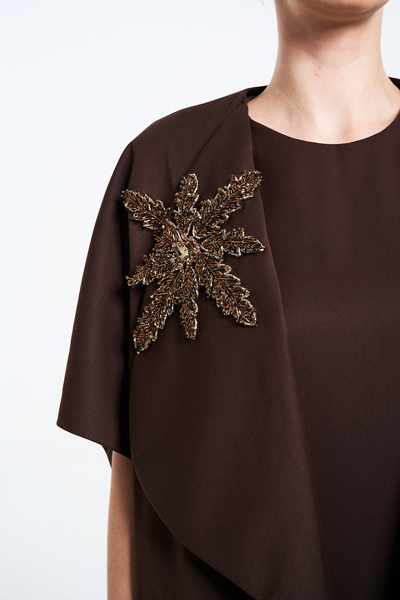 Aidan & Ice Naira Outer in brown, stylish coat with a tailored fit, displayed on a hanger against a neutral background.