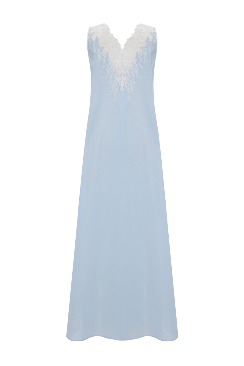 Bocan Couture Clariss long cotton voile nightgown with off-white lace details, flowing and elegant for comfortable sleepwear.