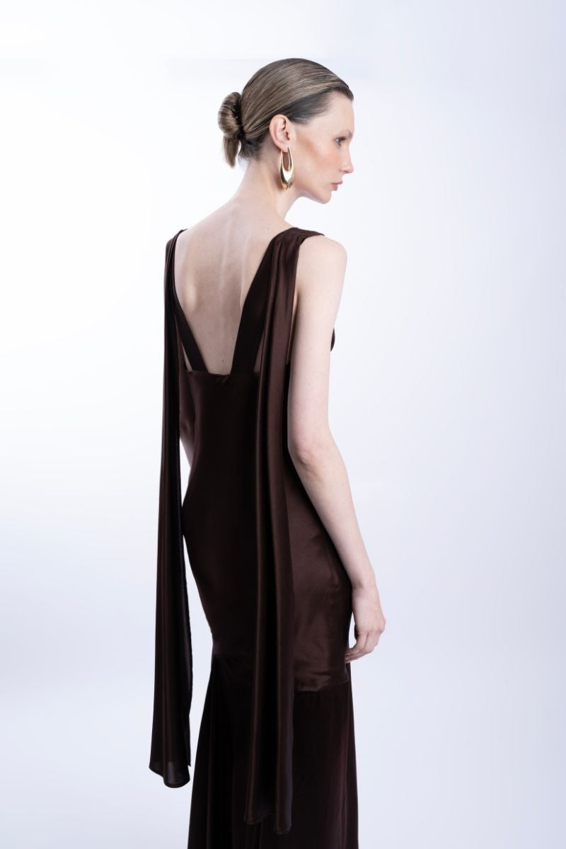 LEDIEL HABANA brown gown, elegant dress with flowing fabric and detailed design, perfect for formal occasions.
