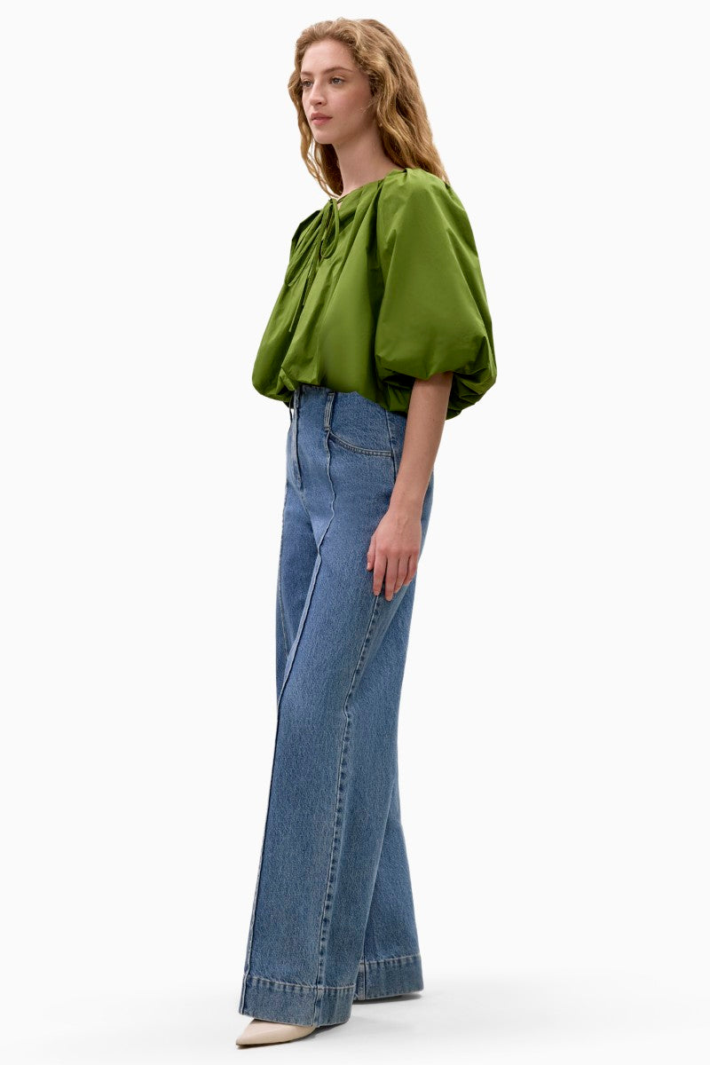 Rebecca Taylor Dax Denim Pant in Dax Wash, casual blue jeans with a relaxed fit and classic five-pocket design.