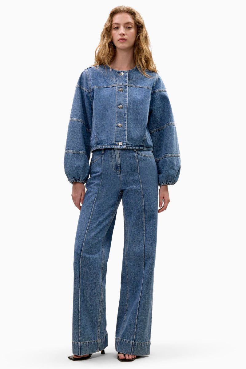 Rebecca Taylor DAX denim jacket in Dax Wash with classic fit and button front, shown on a hanger.