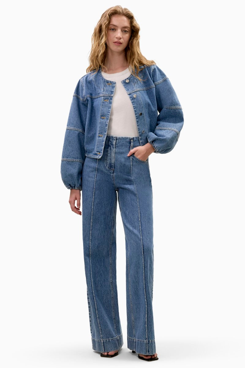 Rebecca Taylor Dax Denim Jacket in Dax Wash, close-up showing classic denim fabric and stylish collar detail.