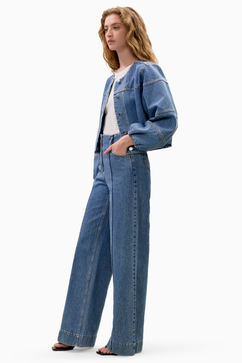 Rebecca Taylor Dax Denim Jacket in Dax Wash, casual denim jacket with relaxed fit and classic styling, front view.