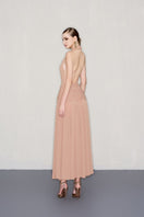 CEM gold jeweled embellishment A-line midi dress with intricate detailing and elegant silhouette for formal occasions.