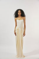 Ivory pearl corset gown by Deme By Gabriella featuring intricate detailing and elegant design, full-length formal evening wear.