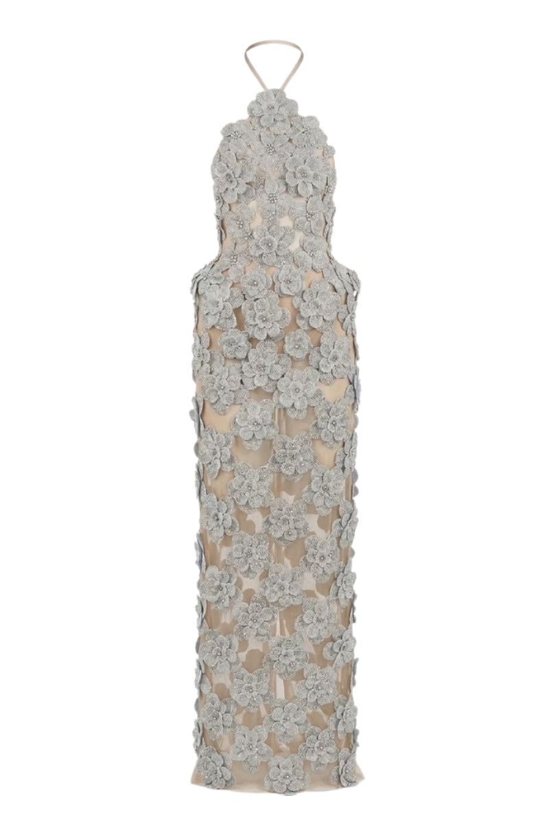 White Plan Genovela gown, elegant formal dress with flowing fabric and intricate detailing, perfect for special occasions.