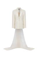 Sudi Etuz blazer with a full-length tulle train at the back, tailored fit, classic collar, and long sleeves for elegant style.