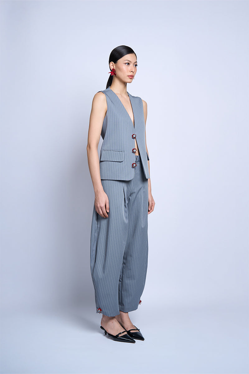 Aidan & Ice Solace Gray Vest featuring a sleek, fitted design with a high neckline and subtle stitching details.