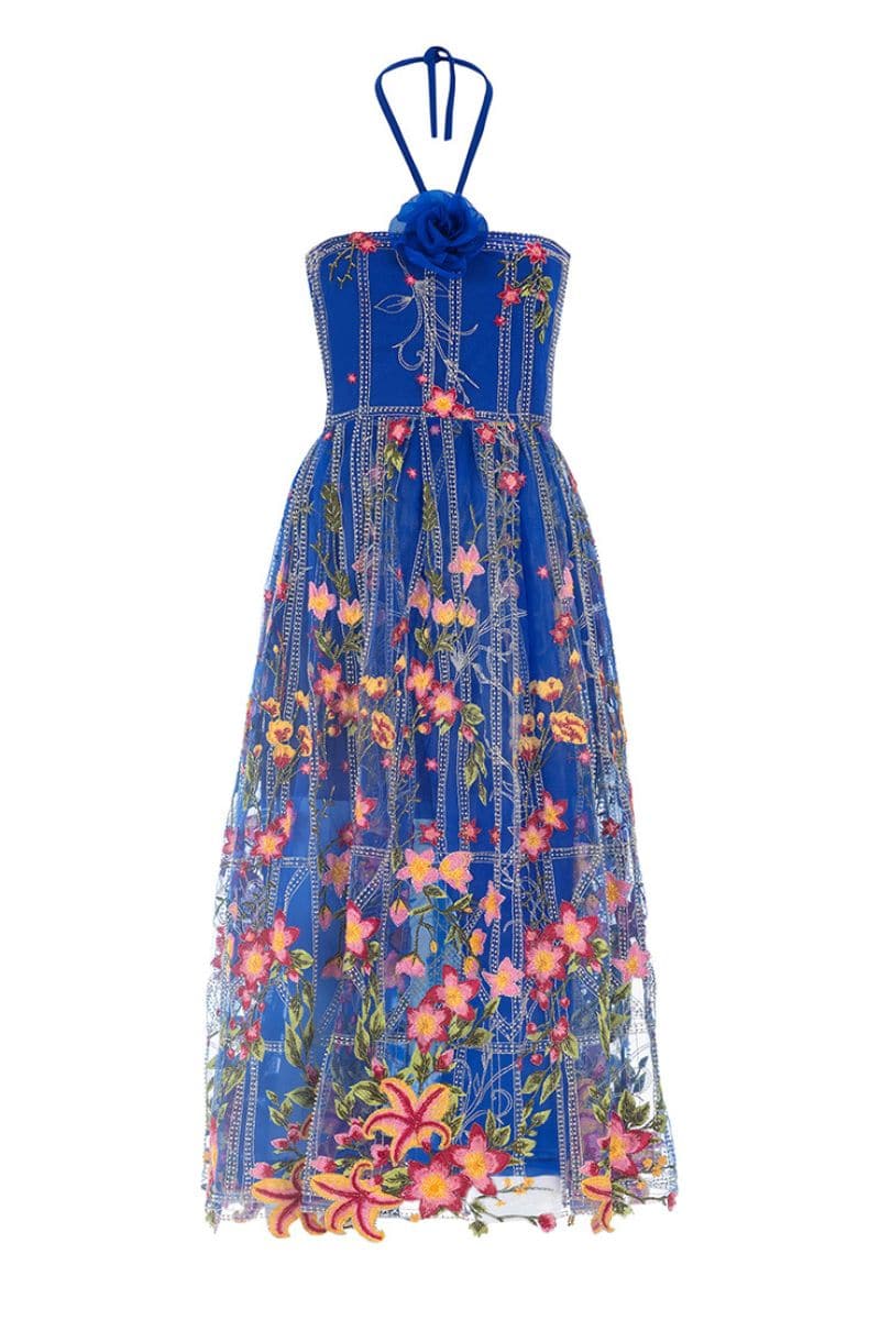 FLORAL EMBROIDERED TULLE MIDI DRESS - CULT MIA