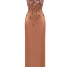 HACCHIC COUTURE Aurora embellished column gown in blush nude with intricate beadwork and elegant silhouette.