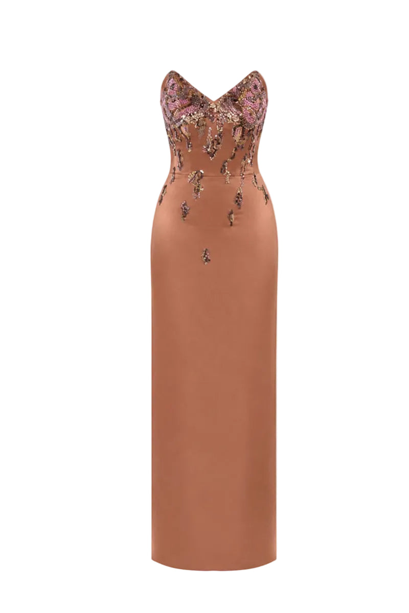 HACCHIC COUTURE Aurora embellished blush nude column maxi dress with intricate detailing and elegant silhouette.