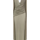 LEDIEL Olga taupe gown with flowing fabric and elegant design, showcased on a model with a soft, draped silhouette.