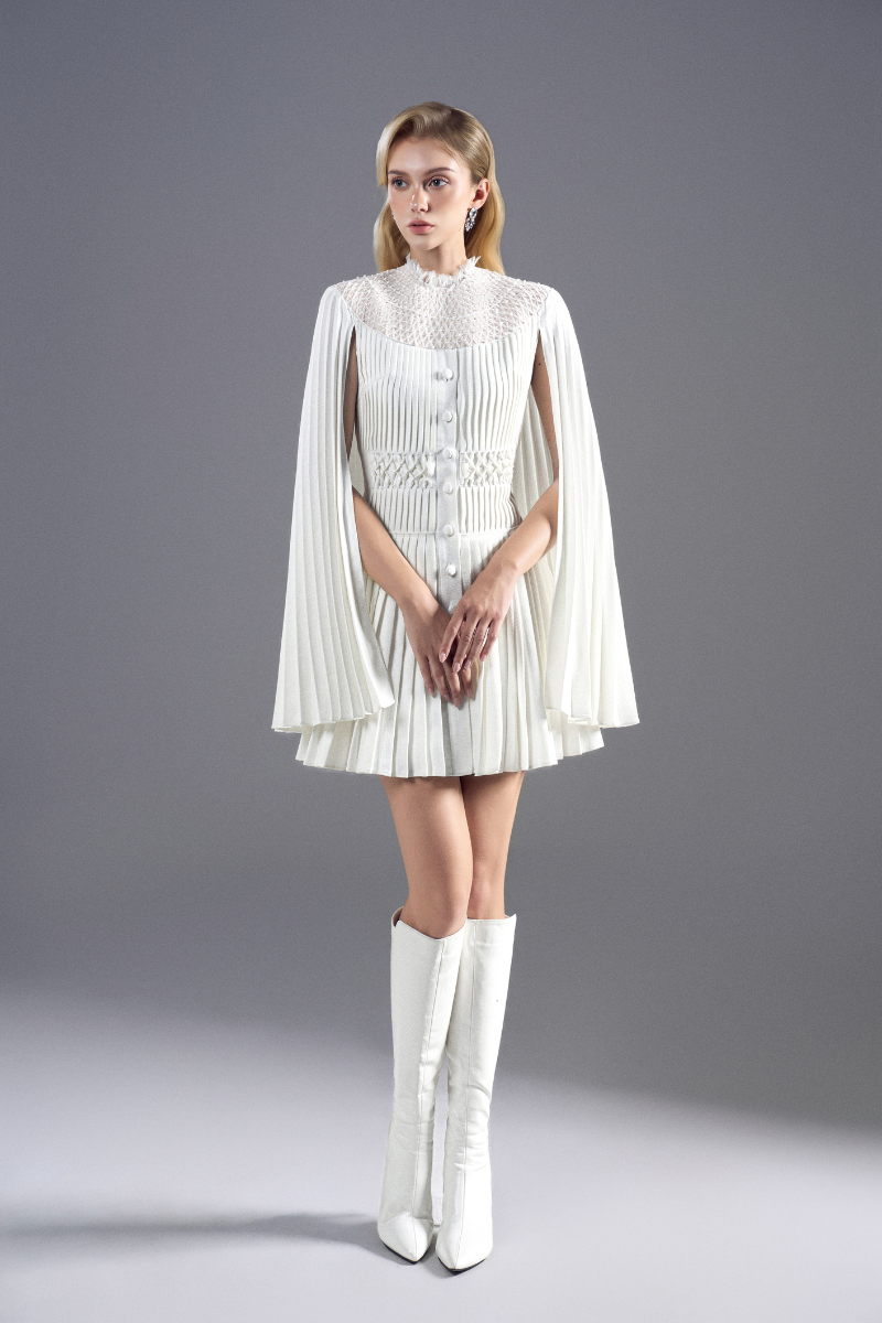 TWEED HIGH-NECK A-LINE MINI DRESS IN WHITE