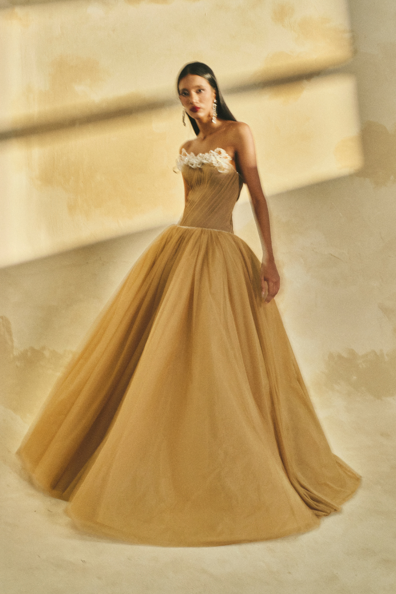 L'SCARLETT off-shoulder chiffon and mesh gown with flowing fabric and elegant design, perfect for formal occasions.