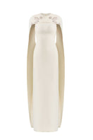 Maison Des Copains NYXELLE cape sleeve floor-length gown in vanilla cream, elegant evening dress with flowing fabric.
