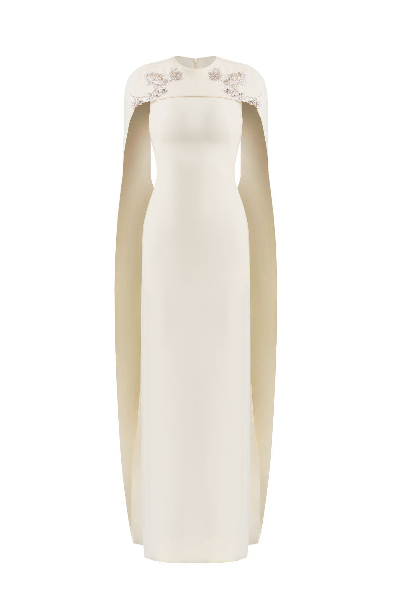 NYXELLE CAPE SLEEVE FLOOR LENGTH DRESS IN VANILLA CREAM
