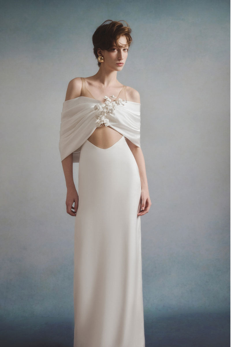 White Plan Isolde draped maxi dress featuring a flowing silhouette and elegant design, perfect for formal or casual occasions.