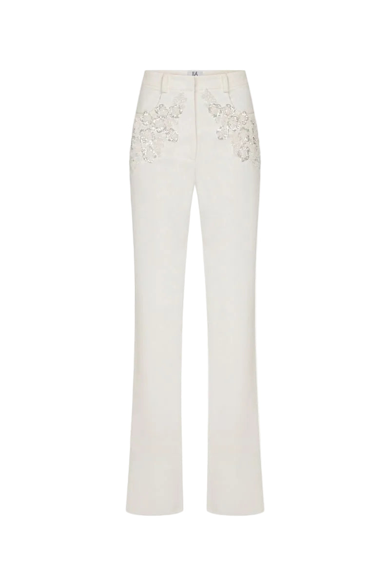 ERICA TROUSERS WITH APPLIQUE DETAIL IN WHITE