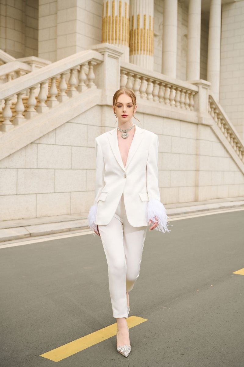 WHITE KELLY TAFFETA FEATHER SUIT JACKET AND PANTS SET - CULT MIA