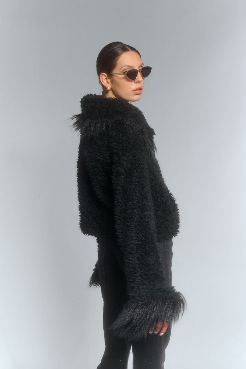 CROPPED FAUX FUR JACKET WITH TURN-UP CUFFS IN BLACK - CULT MIA