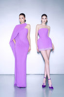 Purple strapless chiffon maxi dress by CEM, flowing fabric with elegant design, suitable for formal occasions.