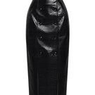 Black leather sculpted midi skirt by Keira Tong, featuring a fitted design and sleek silhouette.